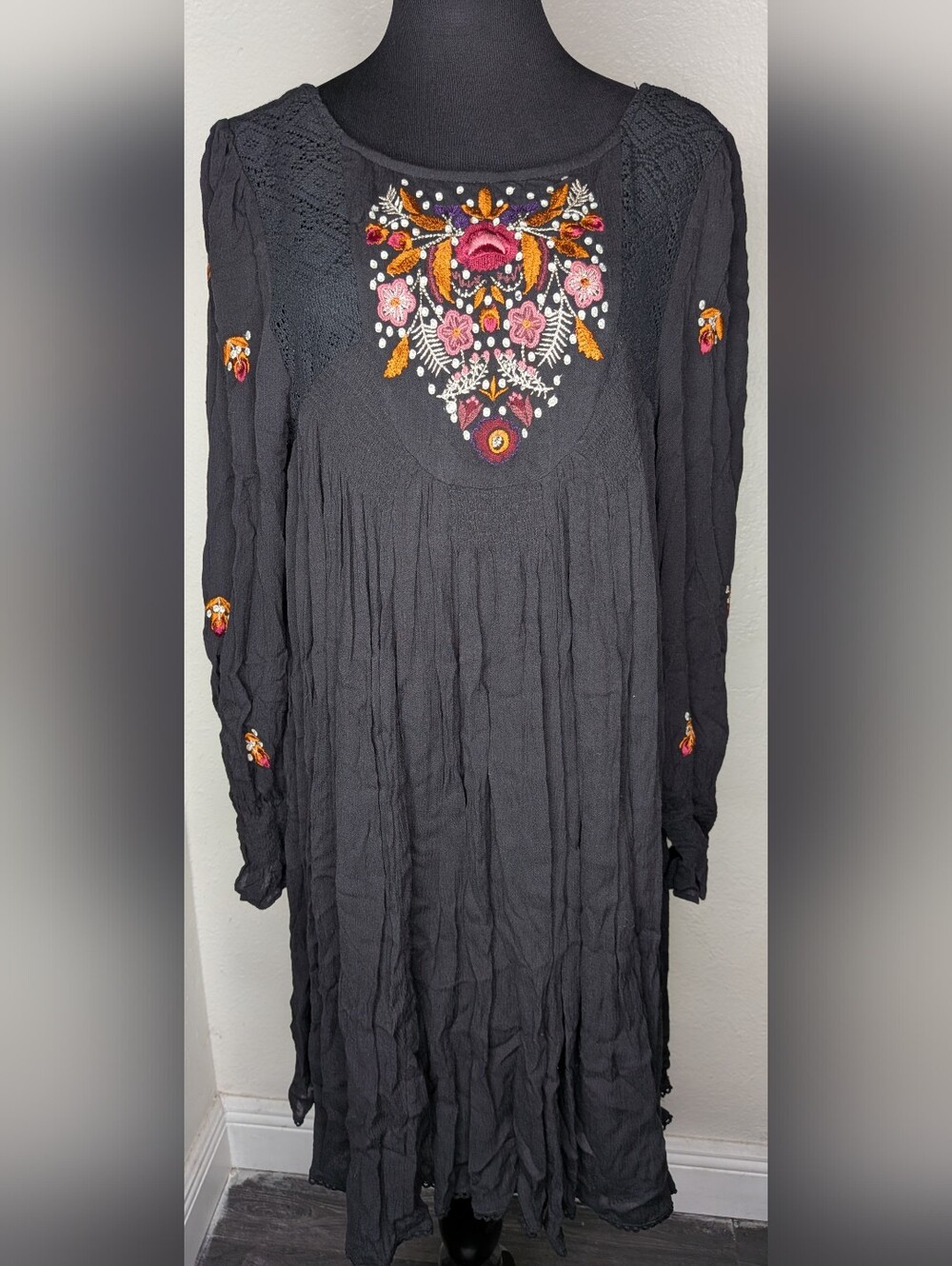 Free People Mohave Mini Dress Black Embroidered Festival Boho Southwestern Sz M